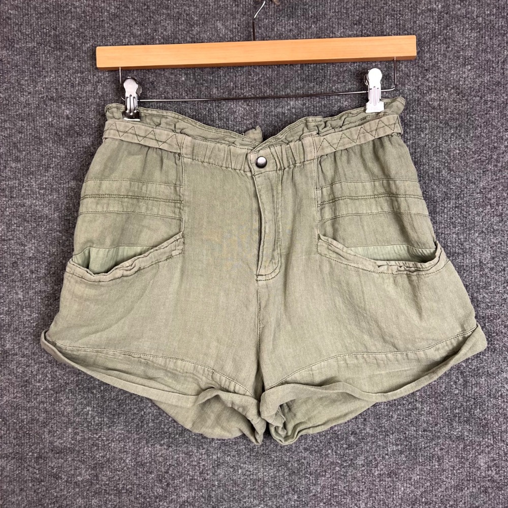 Free People Shorts Womens Small Green Excellent Linen Cotton Paperbag Waist
